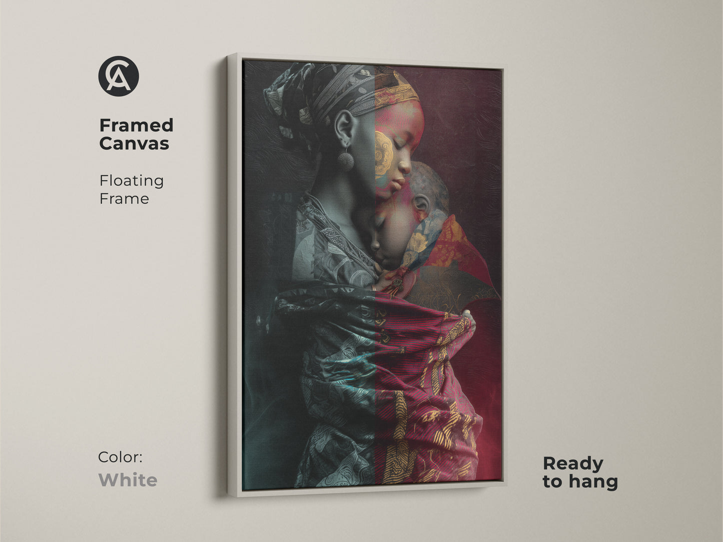 Enhance your home with this framed canvas print of an African mother and child. The clean white frame accentuates the tribal fusion artwork. Ready to hang this contemporary piece adds serenity. The subtle red gold and teal hues create a calming effect. A beautiful family artwork.