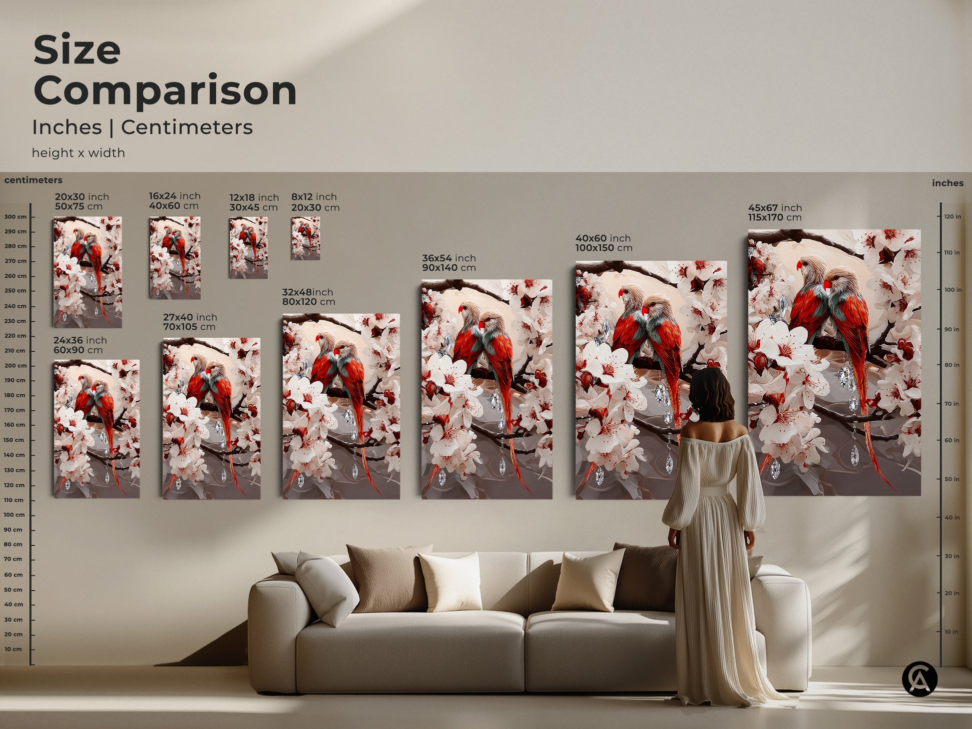 Size comparison of the parrots and cherry blossoms artwork in various dimensions. See how the art fits above a couch. Visualize sizes in inches and centimeters for canvas or poster prints.