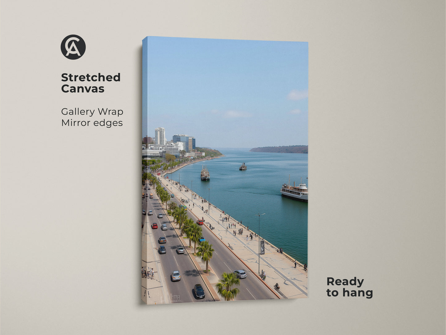 Stretched canvas art featuring a coastal cityscape. This travel photography wall art uses blue teal colors. This gallery wrapped canvas is ready to hang. It is a modern seaside art print.