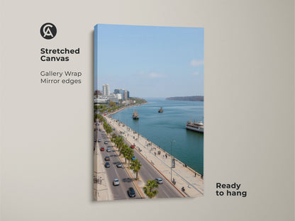 Stretched canvas art featuring a coastal cityscape. This travel photography wall art uses blue teal colors. This gallery wrapped canvas is ready to hang. It is a modern seaside art print.