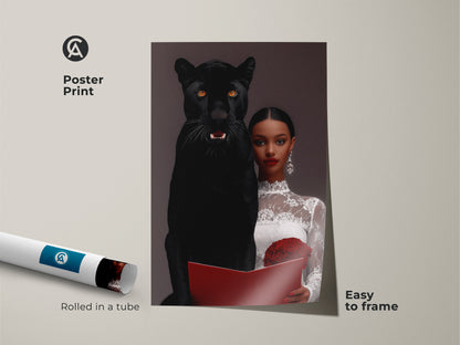 A poster print of surrealist artwork featuring a woman and a black panther. This eclectic home decor art has a dark aesthetic. A unique gift for symbolism lovers. The museum-quality paper is rolled in a tube and easy to frame.  Features photorealism animal art.