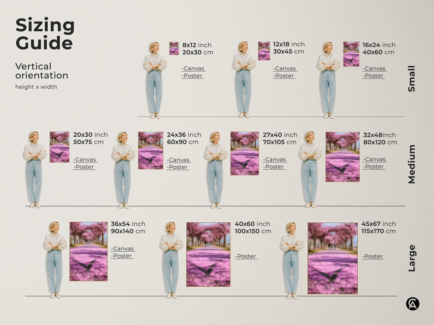 Sizing guide for vertical cherry blossom art prints. Options include canvas and poster in small medium and large sizes. Visualize the artwork in various dimensions to suit your space. Find the perfect fit for your bedroom living room or modern farmhouse decor.