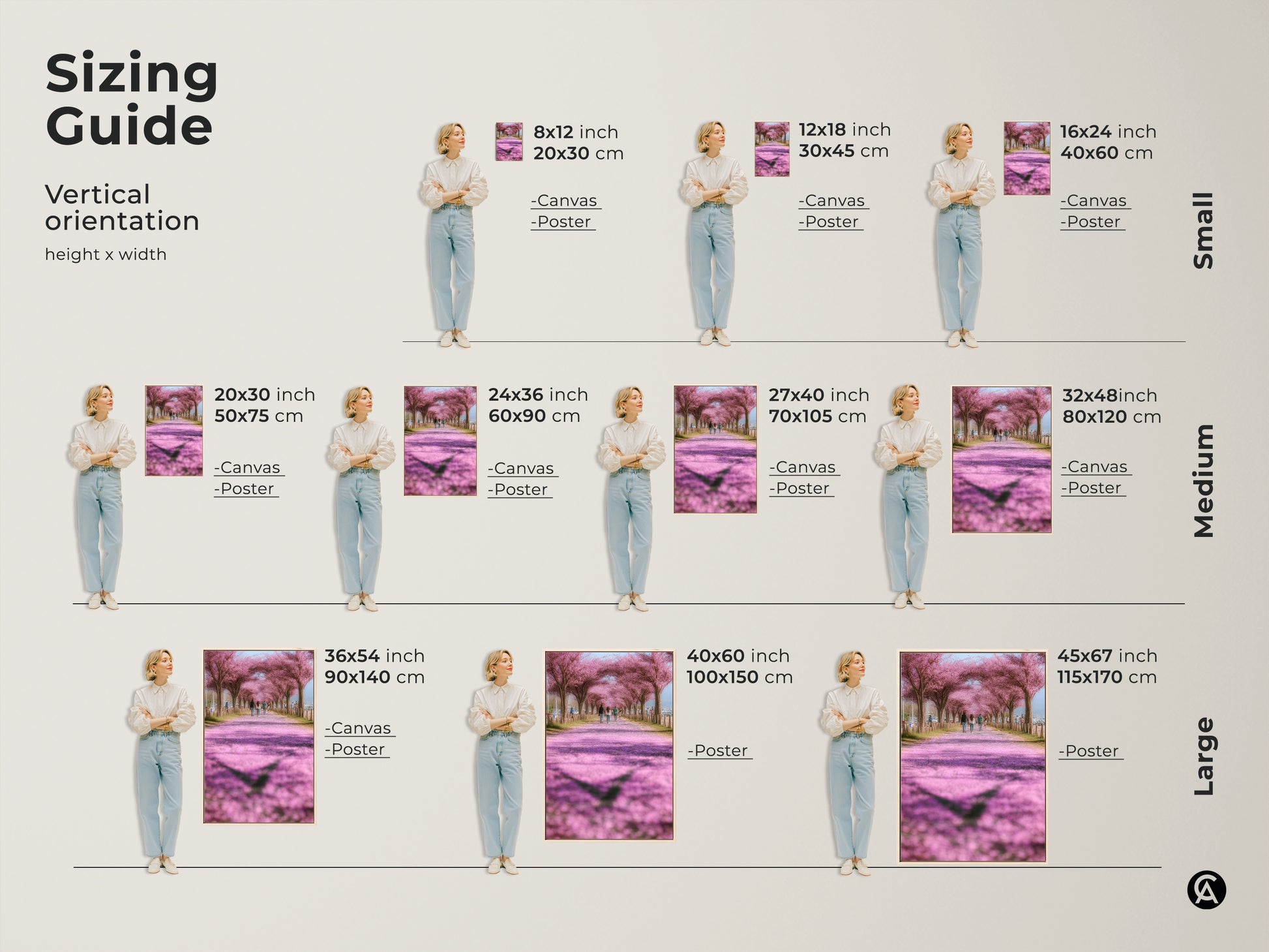 Sizing guide for vertical cherry blossom art prints. Options include canvas and poster in small medium and large sizes. Visualize the artwork in various dimensions to suit your space. Find the perfect fit for your bedroom living room or modern farmhouse decor.