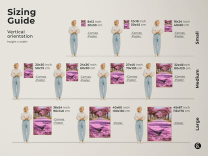 Sizing guide for vertical cherry blossom art prints. Options include canvas and poster in small medium and large sizes. Visualize the artwork in various dimensions to suit your space. Find the perfect fit for your bedroom living room or modern farmhouse decor.