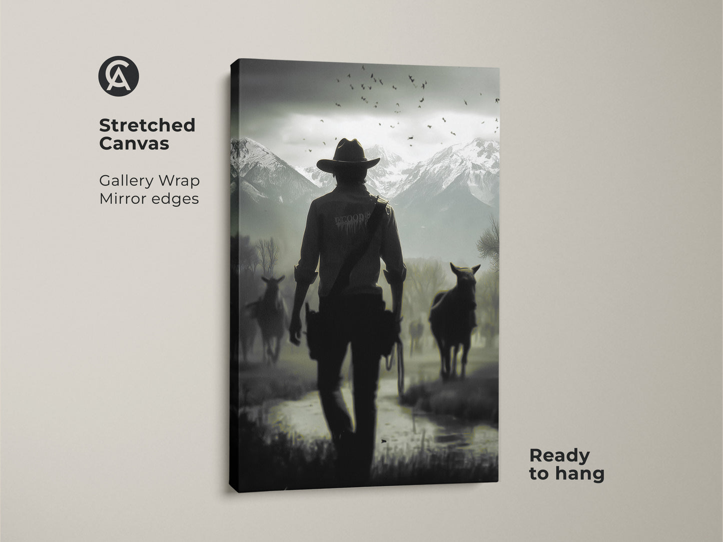 Stretched canvas print of a cowboy and horses in a western landscape. Gallery wrapped with mirror edges this monochrome horse art is ready to hang. Ideal rustic wall art for a study room. The black and white artwork brings a cinematic feel. It's a unique gift for him or western ranch decor.