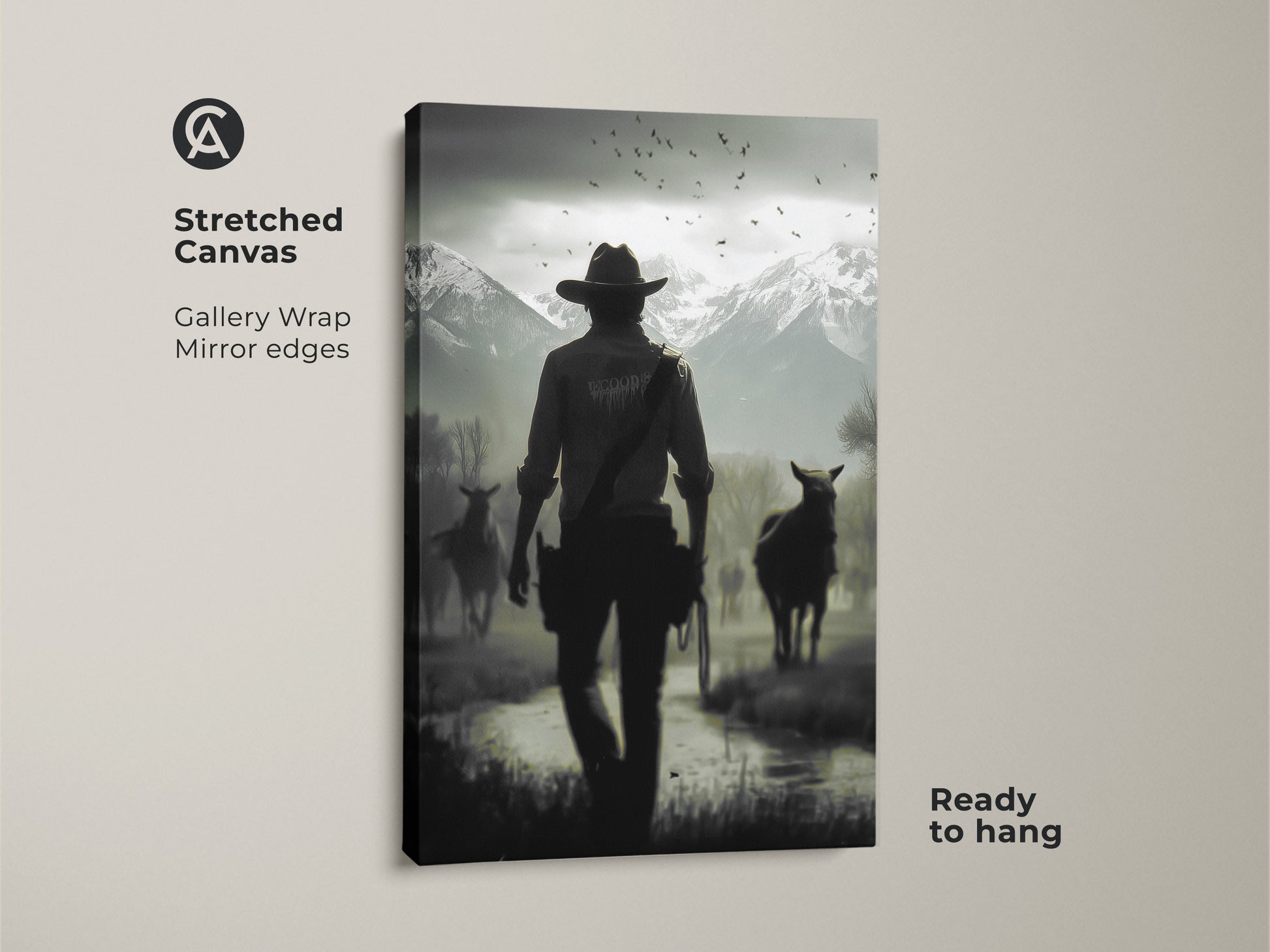 Stretched canvas print of a cowboy and horses in a western landscape. Gallery wrapped with mirror edges this monochrome horse art is ready to hang. Ideal rustic wall art for a study room. The black and white artwork brings a cinematic feel. It's a unique gift for him or western ranch decor.