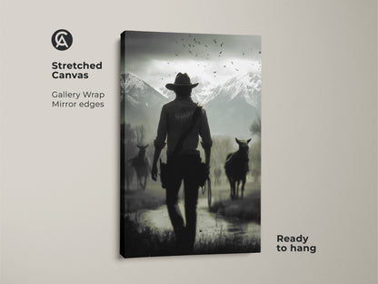 Stretched canvas print of a cowboy and horses in a western landscape. Gallery wrapped with mirror edges this monochrome horse art is ready to hang. Ideal rustic wall art for a study room. The black and white artwork brings a cinematic feel. It's a unique gift for him or western ranch decor.