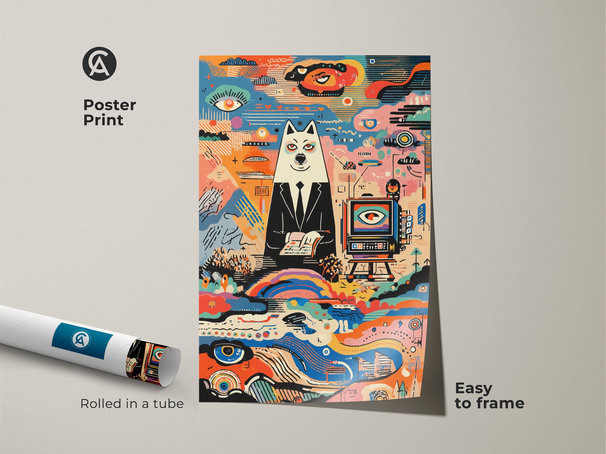 Rolled poster print featuring abstract dog artwork. This surreal folk art is easy to frame. The vibrant colors and quirky subject make it a unique addition to any wall. It's a great gift for art lovers.