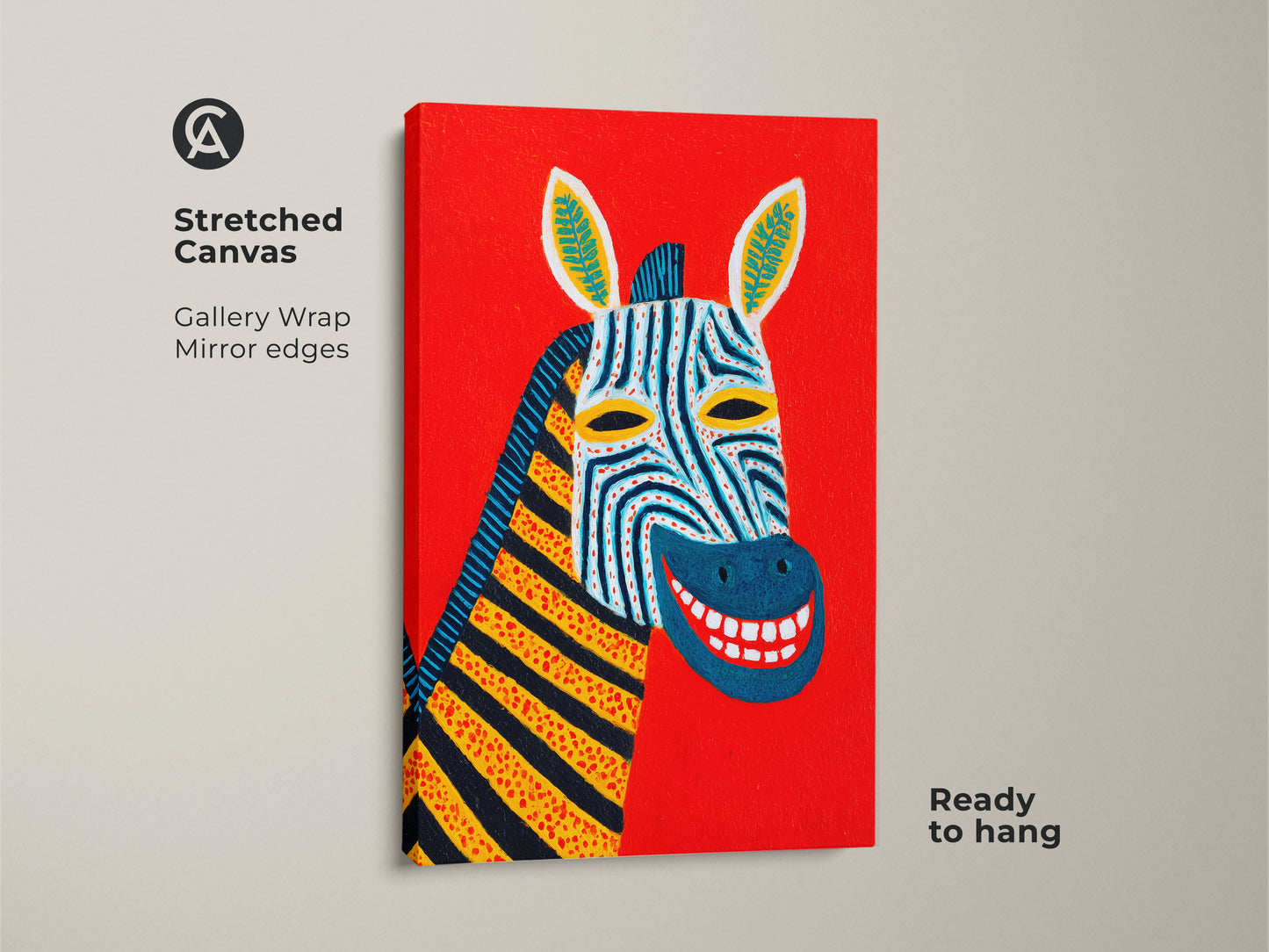 Stretched canvas displaying a colorful abstract zebra portrait against a bold red backdrop. This animal canvas art adds an eclectic touch. Ready to hang with gallery-wrapped mirror edges. An ideal statement piece for modern home decor.