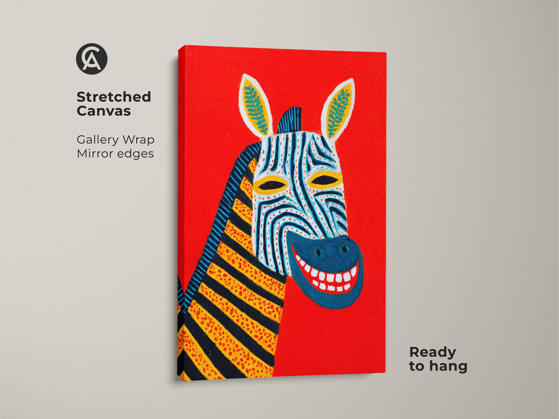Stretched canvas displaying a colorful abstract zebra portrait against a bold red backdrop. This animal canvas art adds an eclectic touch. Ready to hang with gallery-wrapped mirror edges. An ideal statement piece for modern home decor.