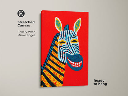 Stretched canvas displaying a colorful abstract zebra portrait against a bold red backdrop. This animal canvas art adds an eclectic touch. Ready to hang with gallery-wrapped mirror edges. An ideal statement piece for modern home decor.