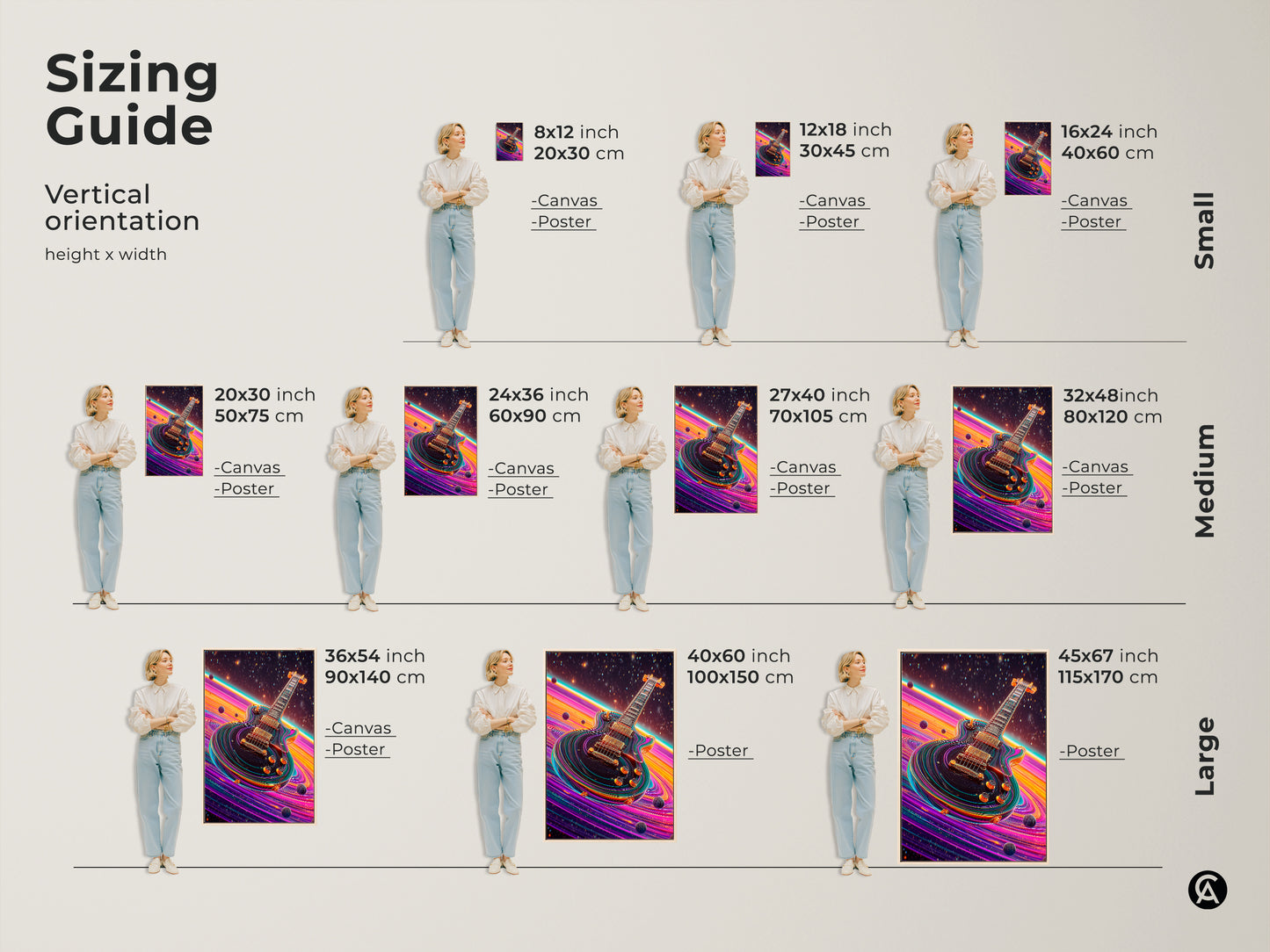 Sizing guide for abstract electric guitar art. The space theme canvas print is shown in various sizes with models for reference. Perfect as a unique gift for a musician. The pink orange purple hues create wall art.