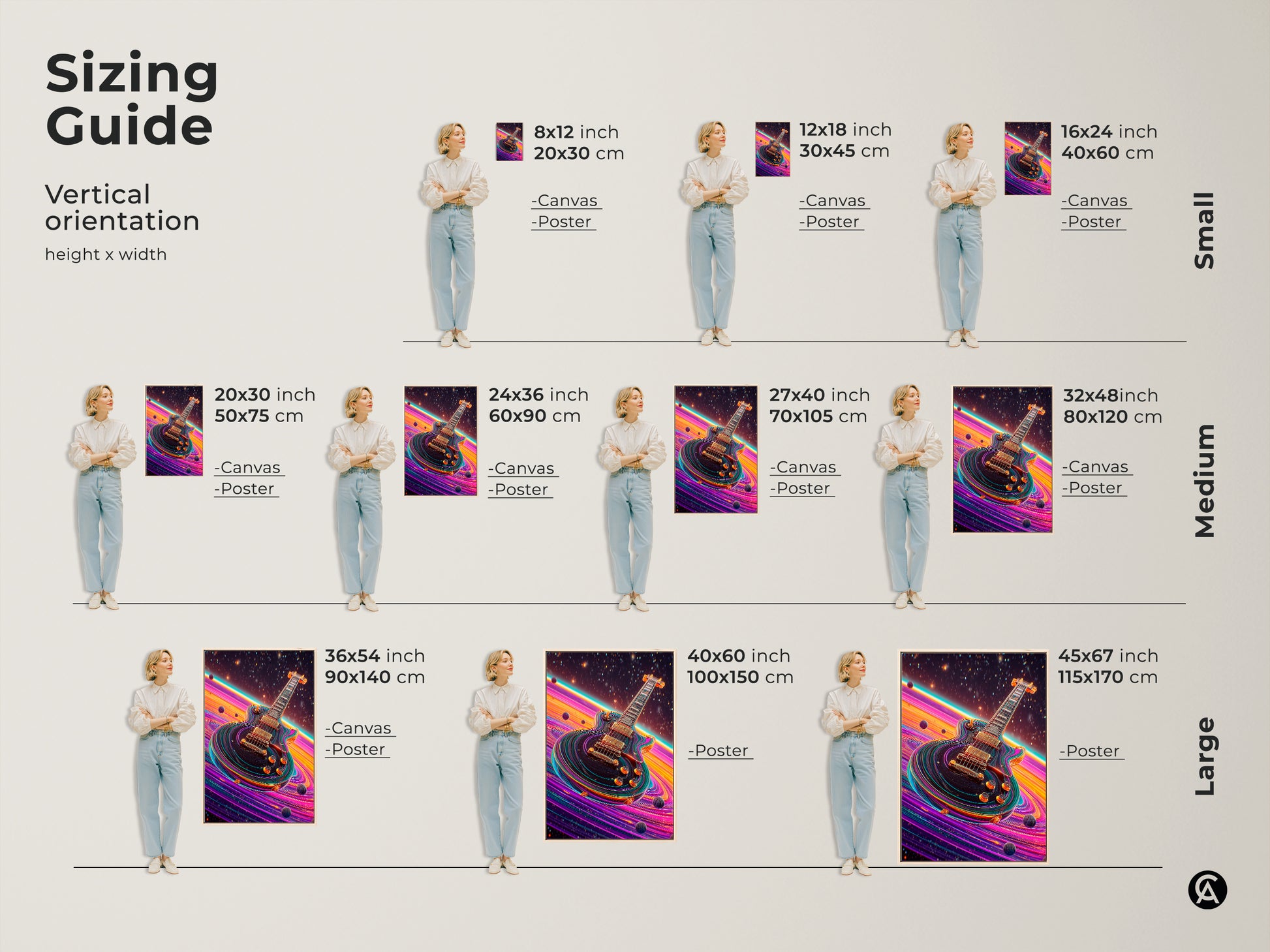 Sizing guide for abstract electric guitar art. The space theme canvas print is shown in various sizes with models for reference. Perfect as a unique gift for a musician. The pink orange purple hues create wall art.