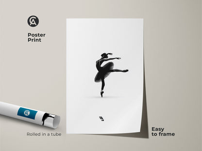 Poster print of a minimalist ballerina in black and white. Elegant ballet pose wall art rolled in a tube for easy framing. Modern monochrome artwork ideal as a gift for ballet lovers. Artistic wall hanging print for minimalist home decor.