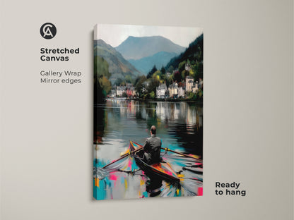 Expressive man rowing boat canvas print displayed as stretched canvas. Gallery wrap shows mirrored edges. Ready to hang coastal village wall art offers travel-inspired decor. Deep blue teal colors create a scenic art print.