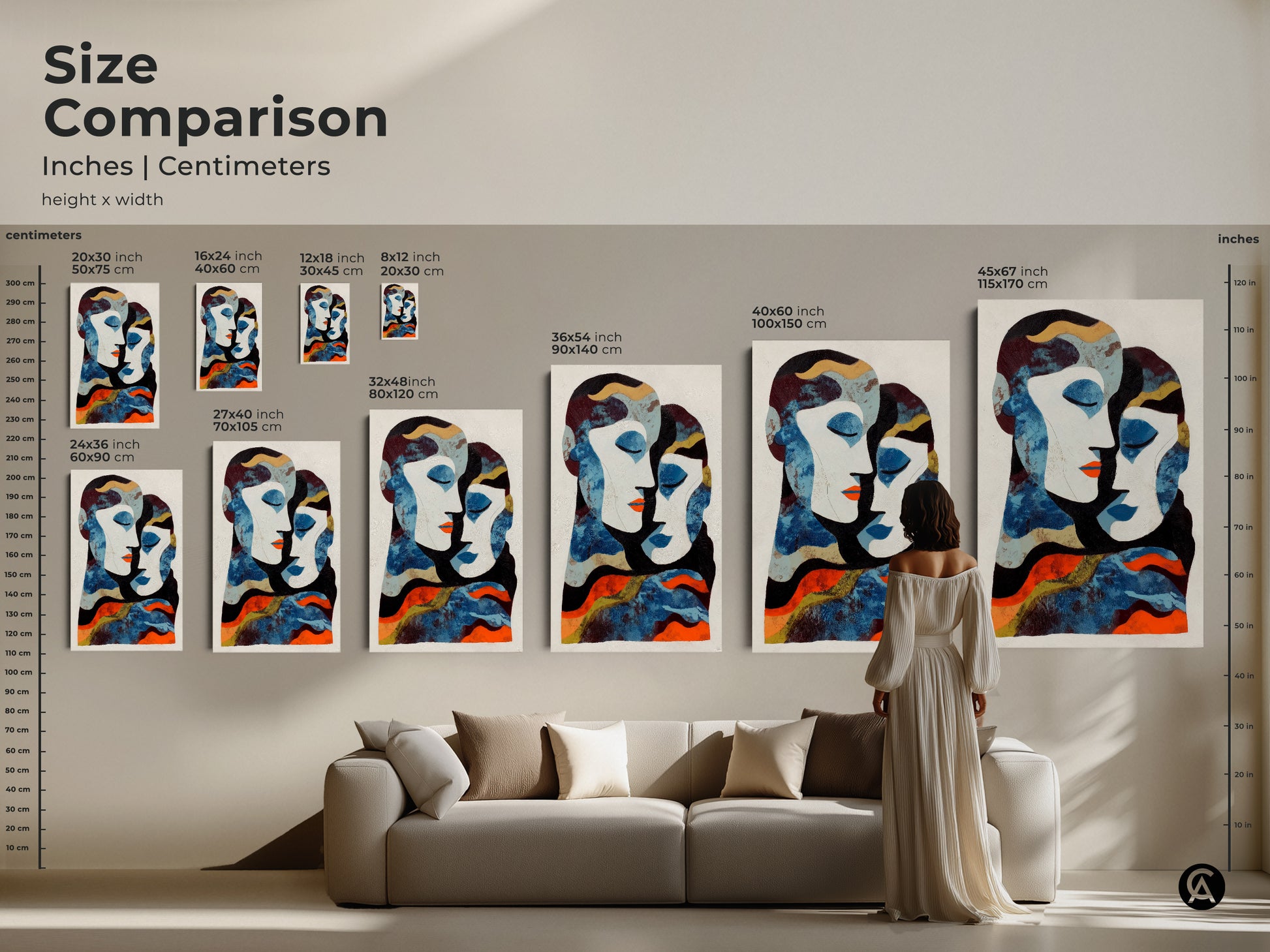 This modern abstract couple art is a visual delight with deep blue and orange tones. Ideal as an anniversary gift for partners. This figurative wall decor will enhance any eclectic bedroom setting.