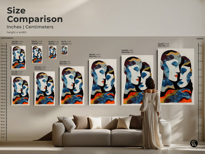 This modern abstract couple art is a visual delight with deep blue and orange tones. Ideal as an anniversary gift for partners. This figurative wall decor will enhance any eclectic bedroom setting.