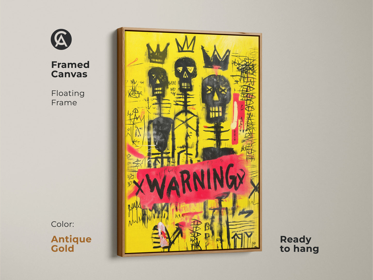 Framed Canvas with Floating Antique Gold Frame of a yellow skull wall art. This black crown canvas print is ready to hang. It is a graffiti skeleton art with abstract neo-expressionism. It will make an excellent eclectic home decor art.