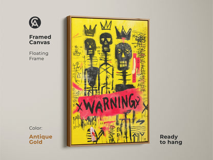 Framed Canvas with Floating Antique Gold Frame of a yellow skull wall art. This black crown canvas print is ready to hang. It is a graffiti skeleton art with abstract neo-expressionism. It will make an excellent eclectic home decor art.