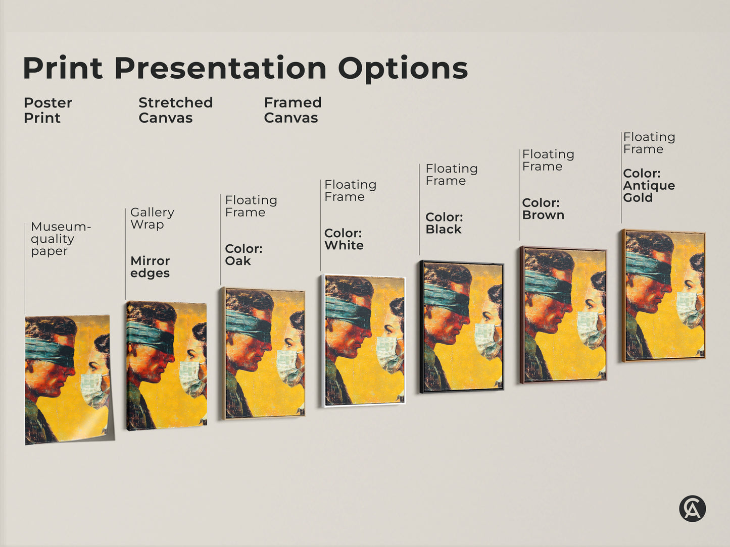Explore print presentation options. This artwork is available as a poster print. It is also available as stretched or framed canvas. Each option enhances the artwork. It shows a man and woman in a thought-provoking composition.