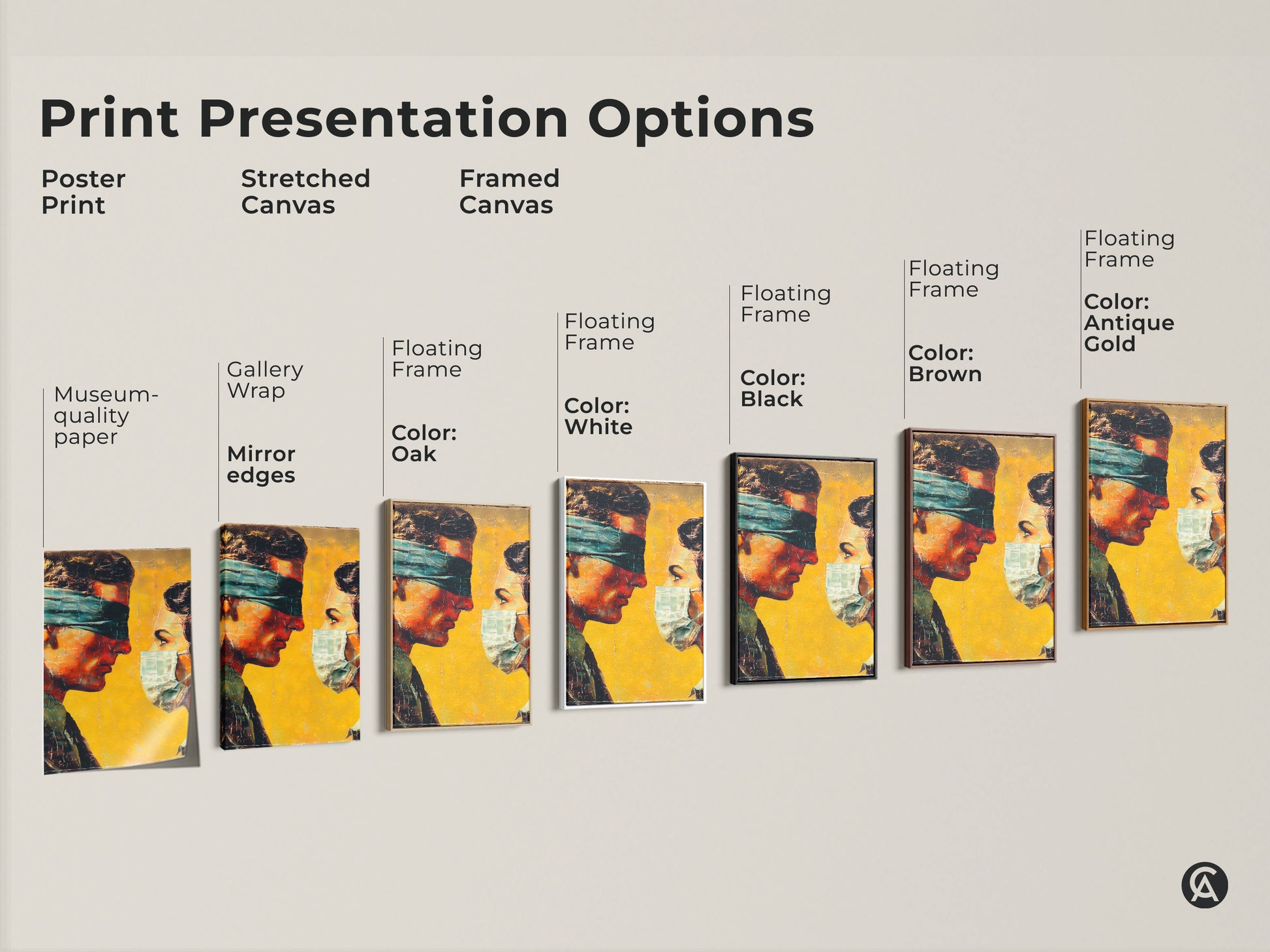 Explore print presentation options. This artwork is available as a poster print. It is also available as stretched or framed canvas. Each option enhances the artwork. It shows a man and woman in a thought-provoking composition.