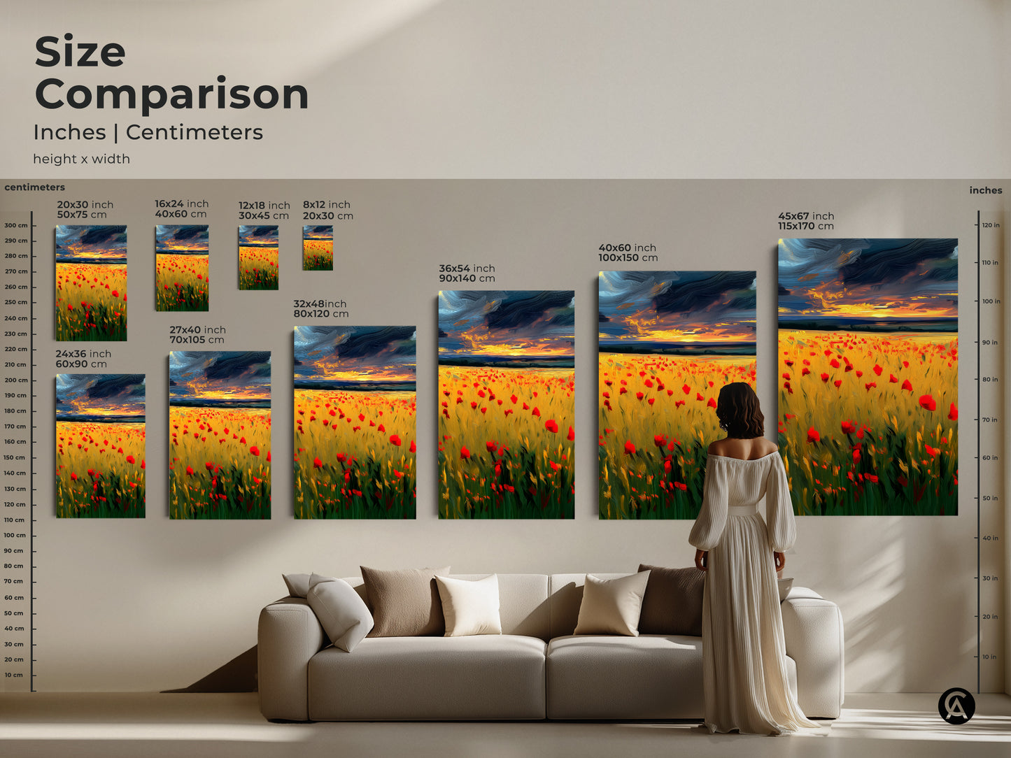 Size comparison of the red poppy field landscape art in inches and centimeters. Visualize different sizes of the canvas art print above a sofa. Perfect for planning your boho home wall decor.
