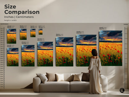 Size comparison of the red poppy field landscape art in inches and centimeters. Visualize different sizes of the canvas art print above a sofa. Perfect for planning your boho home wall decor.