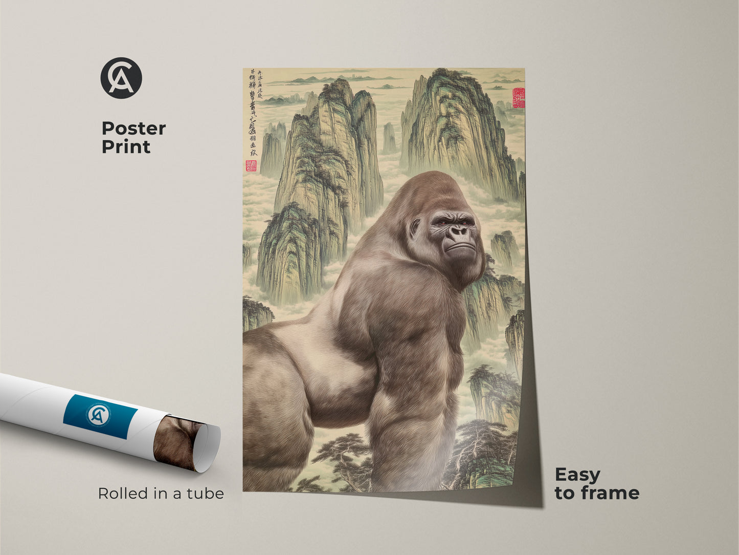 A poster print of a mountain gorilla art in a Chinese landscape painting style. It's rolled in a tube and easy to frame. A wildlife canvas print that is unique home decor art. This poster art shows misty mountains.