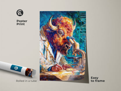 Poster print artwork of a bull scientist. The bull is wearing a lab coat. He is looking into a microscope. The art is easy to frame. It arrives rolled in a tube. This painting is a unique piece. Perfect decor for any room.