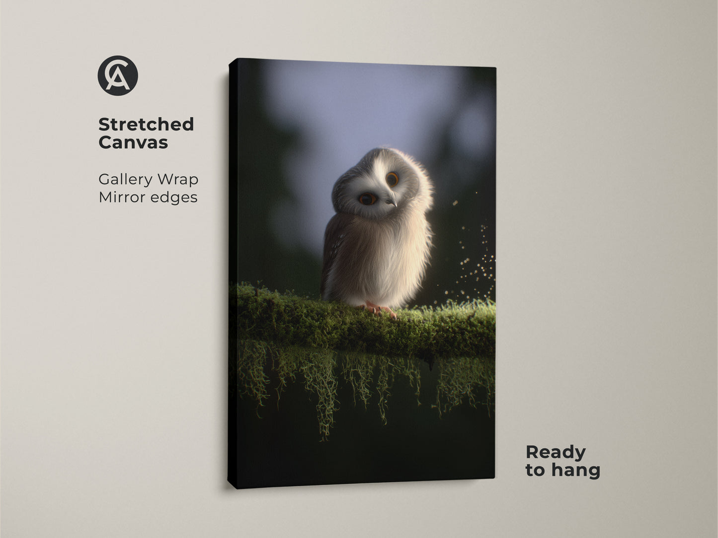 Stretched canvas gallery wrap of a baby owl art. The cute owl wall art is perfect for woodland nursery decor. Its Scandinavian style adds charm. Ready to hang with mirrored edges for a clean look.