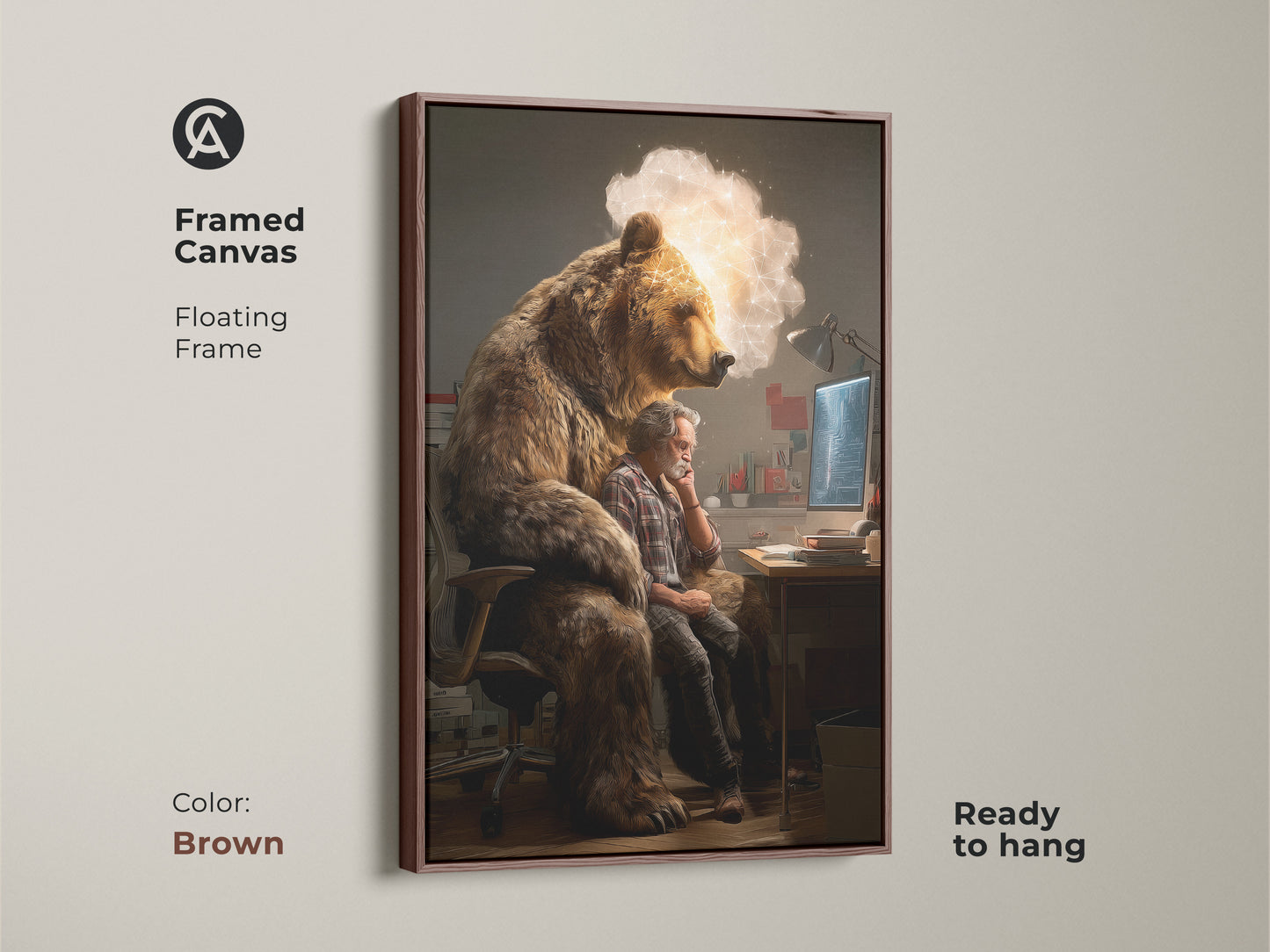 Brown framed canvas showcasing conceptual bear artwork. This surreal art print is ready to hang. It's ideal for eclectic office decor. The animal tech art print makes a thoughtful gift for problem solvers and thinkers.