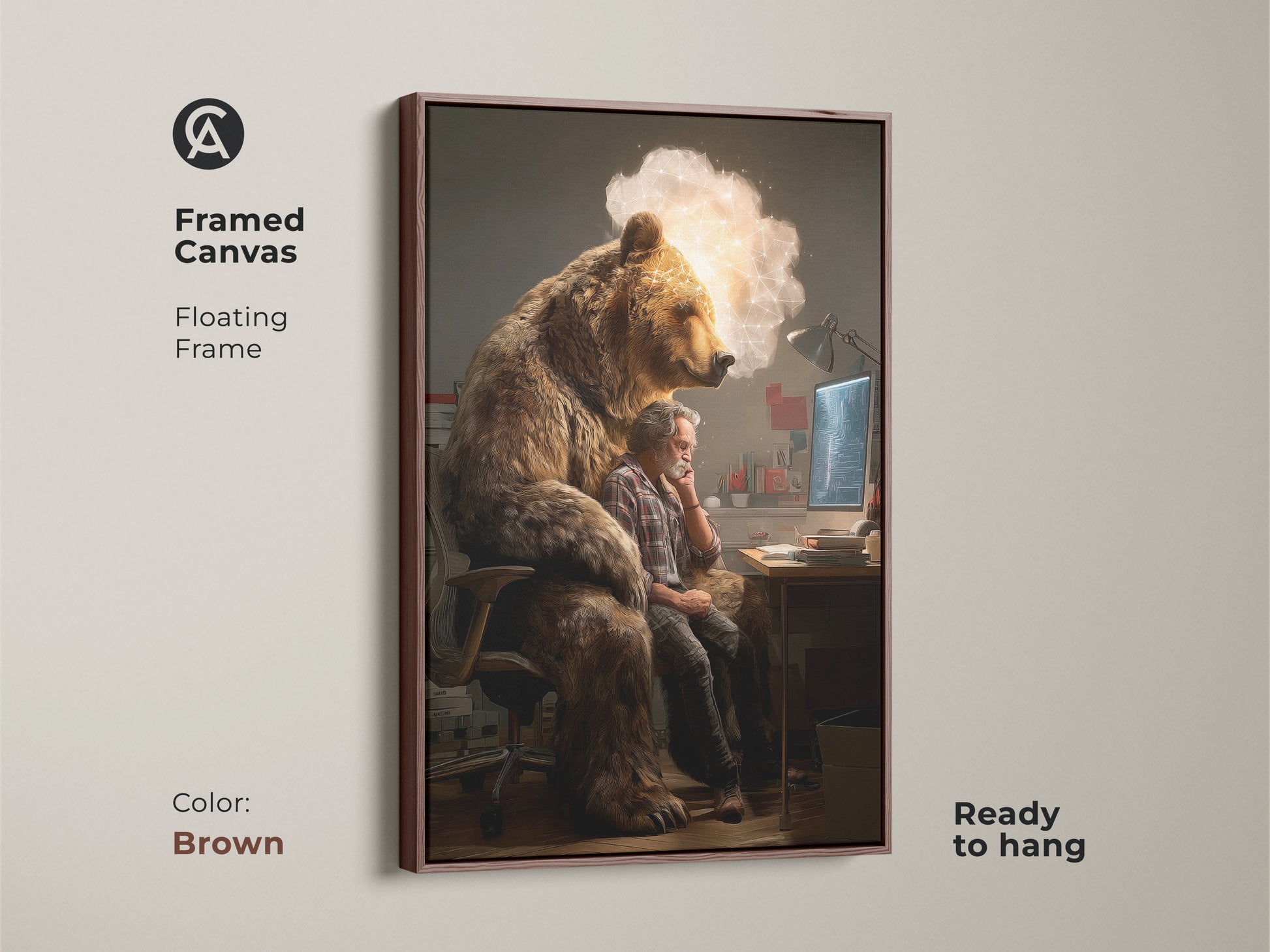 Brown framed canvas showcasing conceptual bear artwork. This surreal art print is ready to hang. It's ideal for eclectic office decor. The animal tech art print makes a thoughtful gift for problem solvers and thinkers.