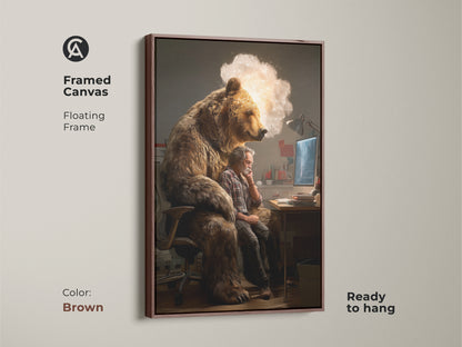 Brown framed canvas showcasing conceptual bear artwork. This surreal art print is ready to hang. It's ideal for eclectic office decor. The animal tech art print makes a thoughtful gift for problem solvers and thinkers.