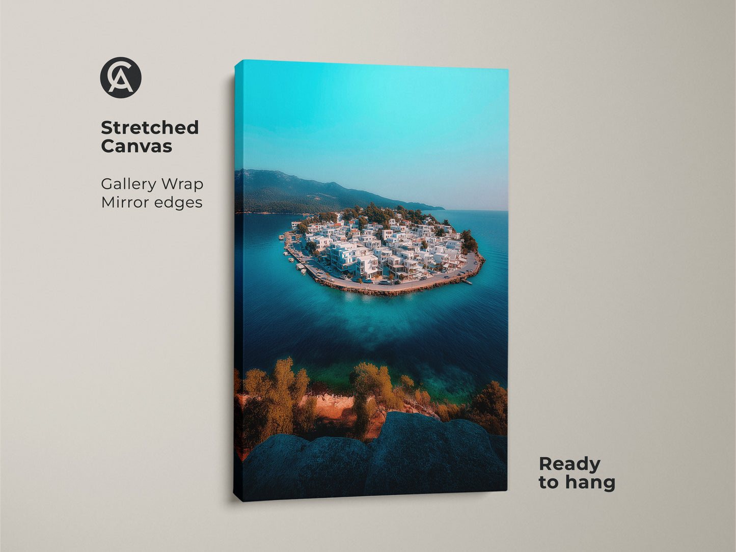 This stretched canvas art print presents a breathtaking aerial view of a coastal town. The gallery wrap with mirrored edges enhances the turquoise and white townscape. It's ready to hang and perfect for adding a modern travel photography vibe. Ideal for coastal or beach house bedroom decor. 