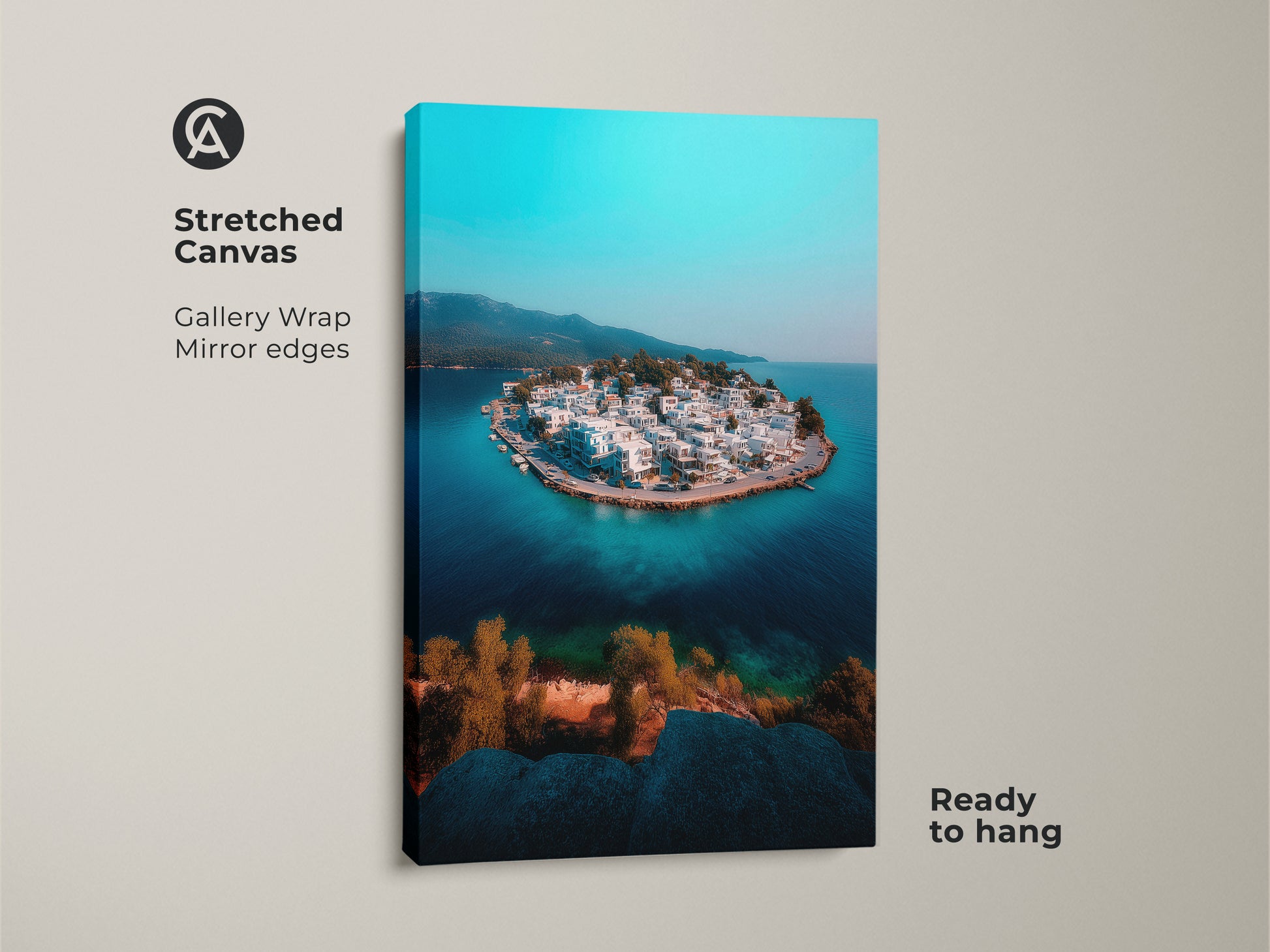 This stretched canvas art print presents a breathtaking aerial view of a coastal town. The gallery wrap with mirrored edges enhances the turquoise and white townscape. It's ready to hang and perfect for adding a modern travel photography vibe. Ideal for coastal or beach house bedroom decor. 
