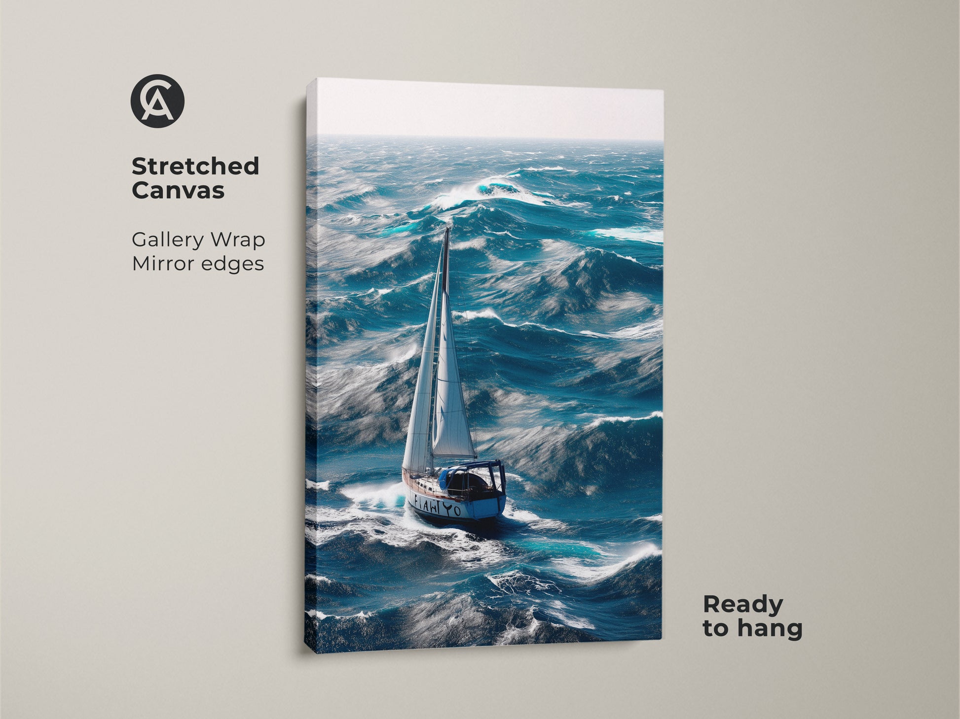 Stretched canvas artwork shows a sailboat navigating ocean waves. This nautical home decor captures a maritime adventure. The deep blue and teal colors enhance any coastal living room. Ready to hang with gallery wrap mirror edges.  Perfect housewarming gift for a sailor.
