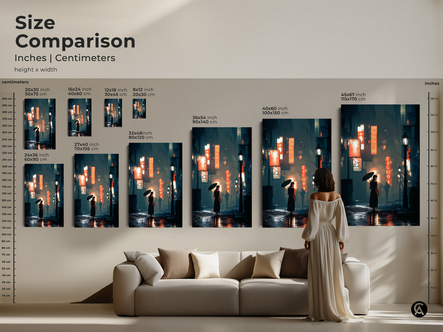 Size comparison of city night wall art in inches and centimeters. A woman stands next to various canvas sizes. This neon cityscape art is perfect for any contemporary living room. Visualize the impact of different sizes of this urban artwork.