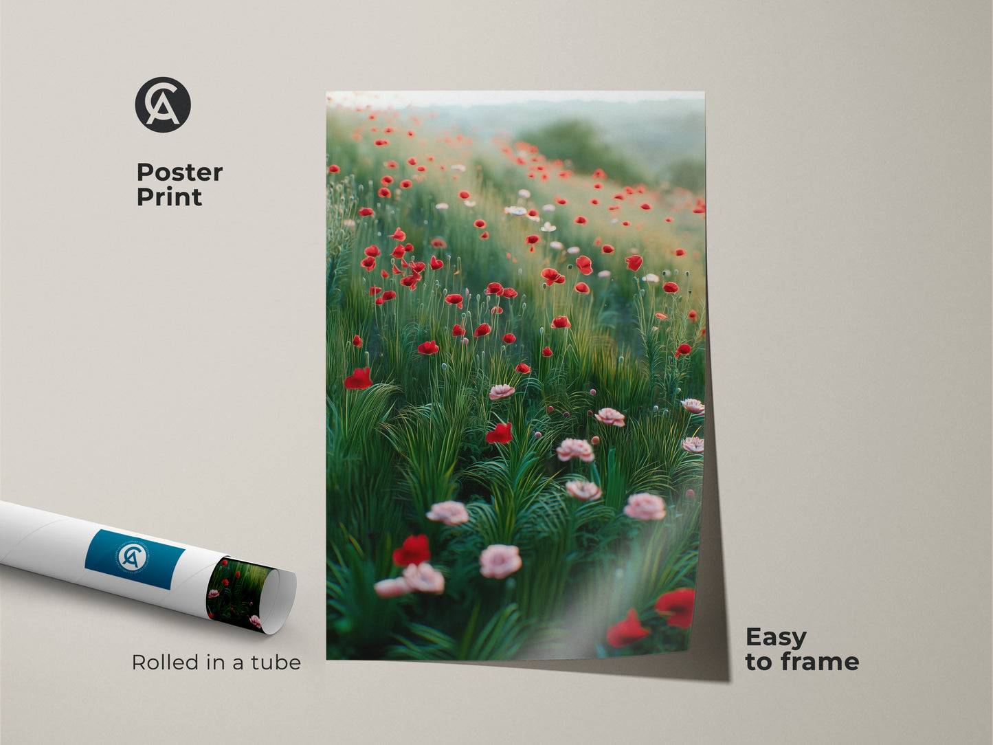 A rolled poster print of a wildflower field. The red poppy artwork adds a botanical touch. It's an impressionistic nature landscape. Easy to frame. This floral field artwork brings summer vibes to any room.