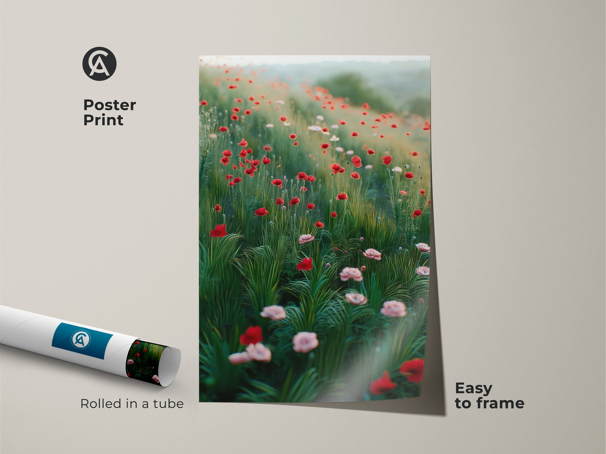 A rolled poster print of a wildflower field. The red poppy artwork adds a botanical touch. It's an impressionistic nature landscape. Easy to frame. This floral field artwork brings summer vibes to any room.
