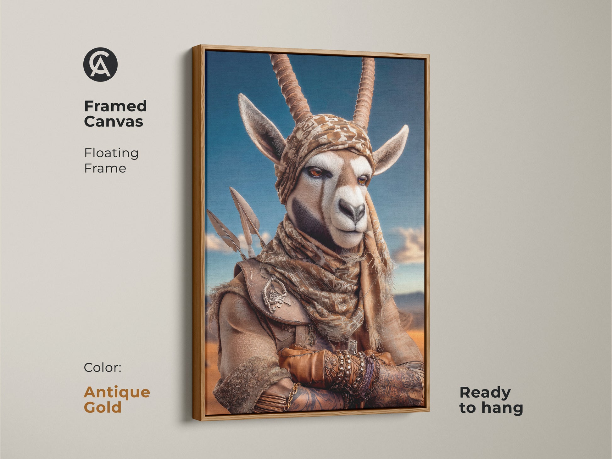 Antique Gold framed canvas art print of a tribal gazelle. This spiritual warrior artwork is perfect for eclectic decor. The fantasy animal canvas art is ready to hang. A great gift for adventurous spirits and masculine wall decor.