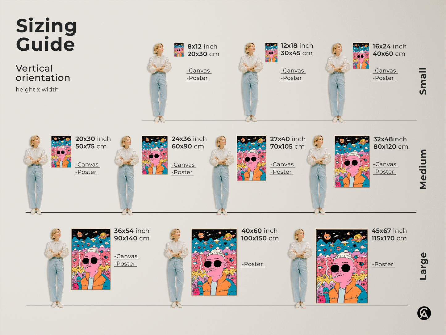 Sizing guide for vertical art prints. See how the artwork looks in different sizes. Available as canvas or poster prints. Choose from small medium and large sizes. Find the perfect fit for your space. Transform your home today.