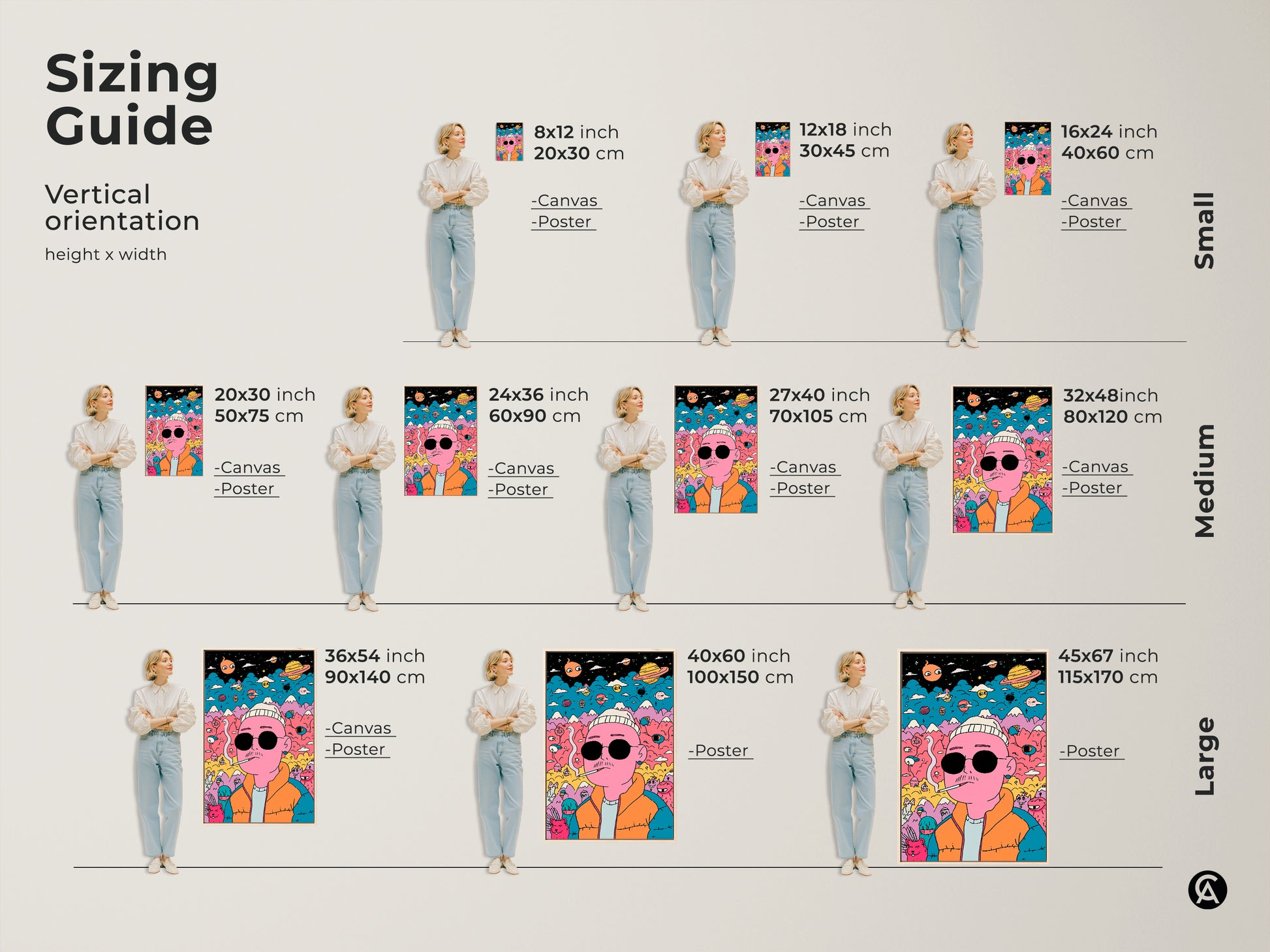 Sizing guide for vertical art prints. See how the artwork looks in different sizes. Available as canvas or poster prints. Choose from small medium and large sizes. Find the perfect fit for your space. Transform your home today.