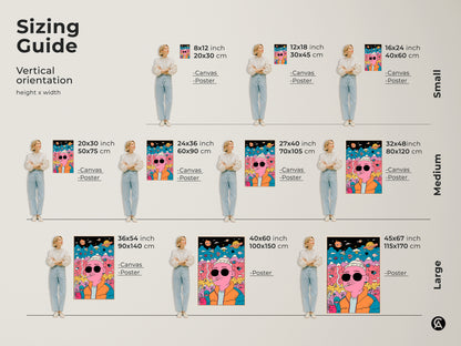 Sizing guide for vertical art prints. See how the artwork looks in different sizes. Available as canvas or poster prints. Choose from small medium and large sizes. Find the perfect fit for your space. Transform your home today.