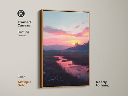 Framed canvas of a sunset river landscape art with an antique gold floating frame. This ready-to-hang piece adds elegance to your walls. The artwork showcases a beautiful river scene with a castle under a painted sunset sky.