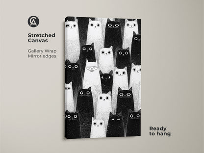 Stretched canvas featuring minimalist cat artwork. This black and white feline print offers a modern aesthetic. It's a great cat lover gift. Ready to hang art.