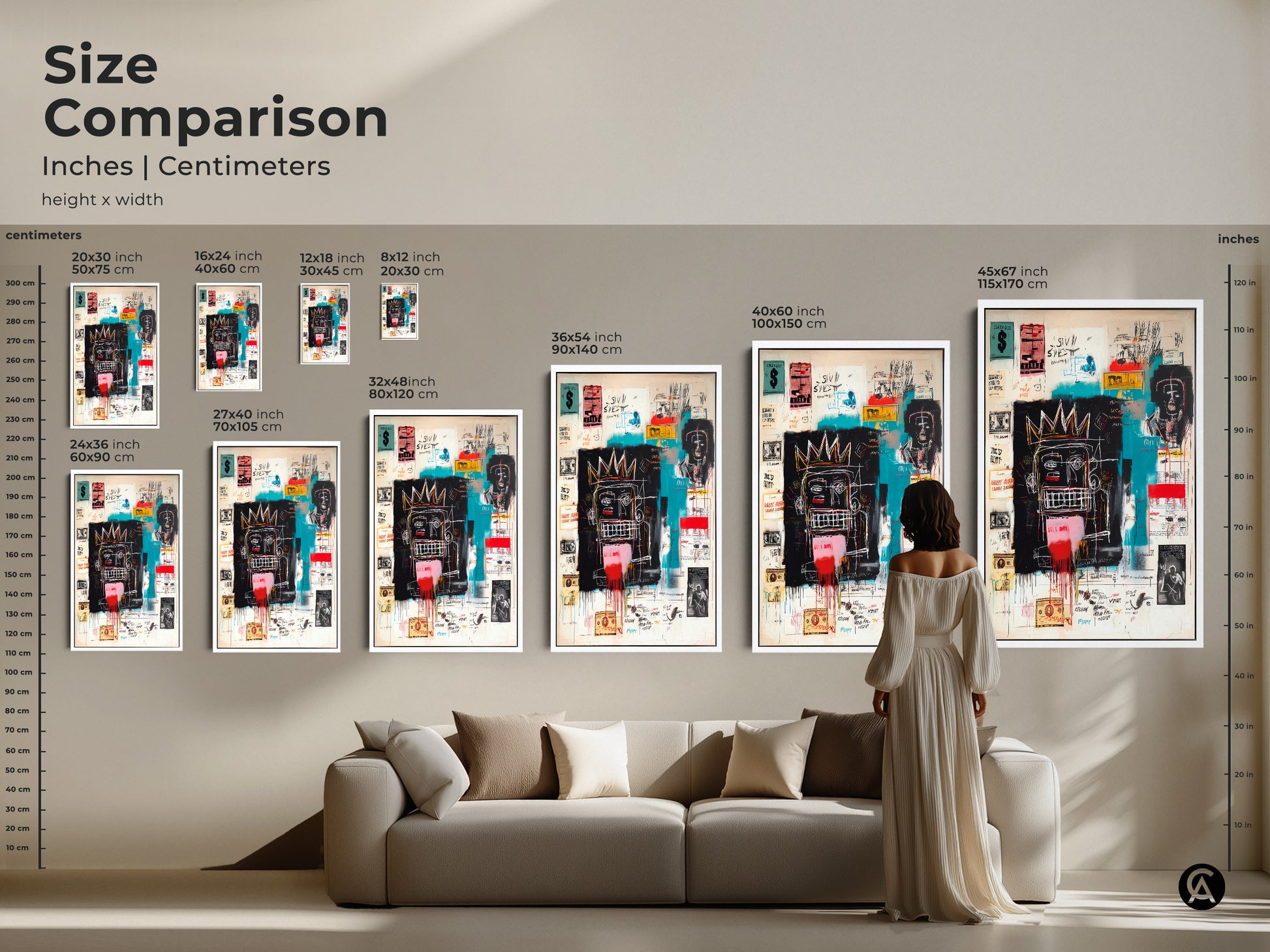 Size comparison of Basquiat-inspired artwork. See how each size transforms your space. Available in inches and centimeters. Choose the perfect dimensions to complement your decor. From small accents to large statement pieces.