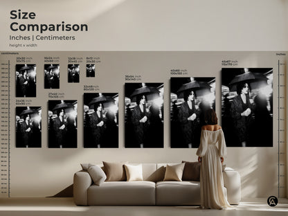 Compare sizes of the Woman Umbrella Canvas Print and poster options. See how this black and white street photography art fits above your sofa. From small to large sizes discover the perfect scale. Enhance your contemporary decor with monochrome elegance.