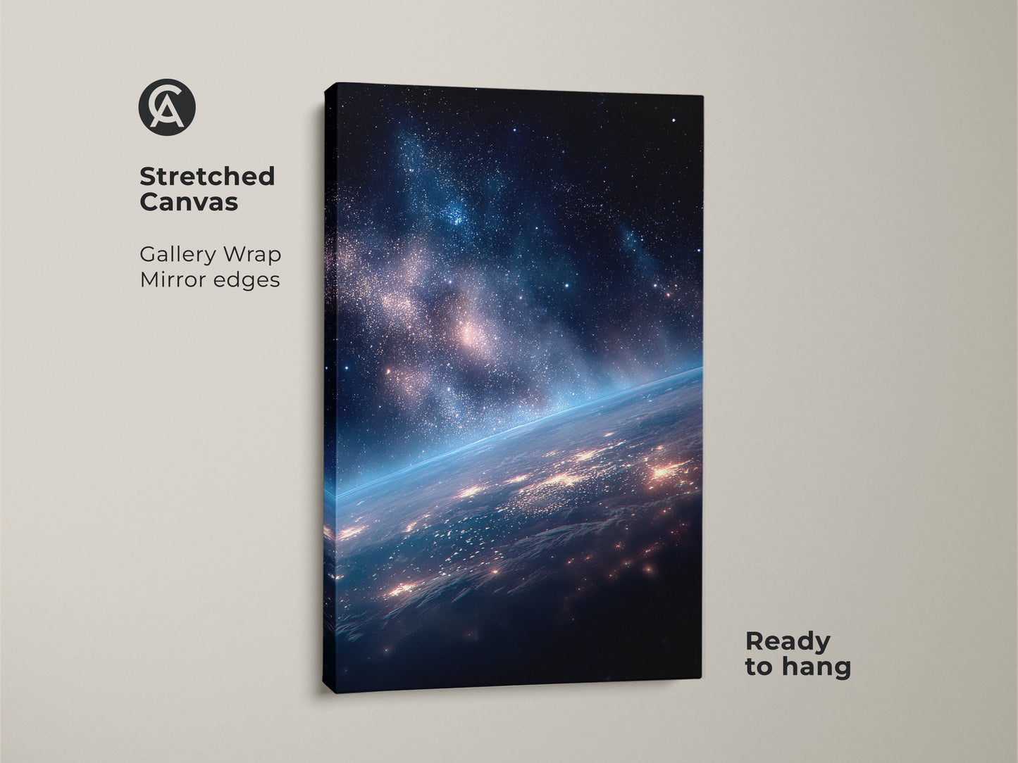 A stretched canvas featuring Earth from space. This gallery wrapped canvas has mirrored edges. The ready to hang artwork is perfect for any room. It is a modern and stylish home decor choice.