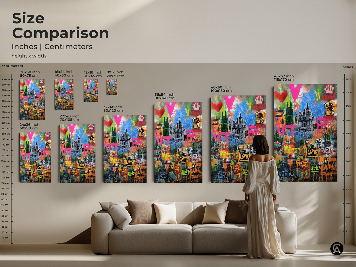 Size comparison of graffiti cityscape art prints. See how canvas sizes from 8x12 to 45x67 inches transform your space. Perfect for eclectic wall decor in any room. Shop urban street art prints today for a modern look.