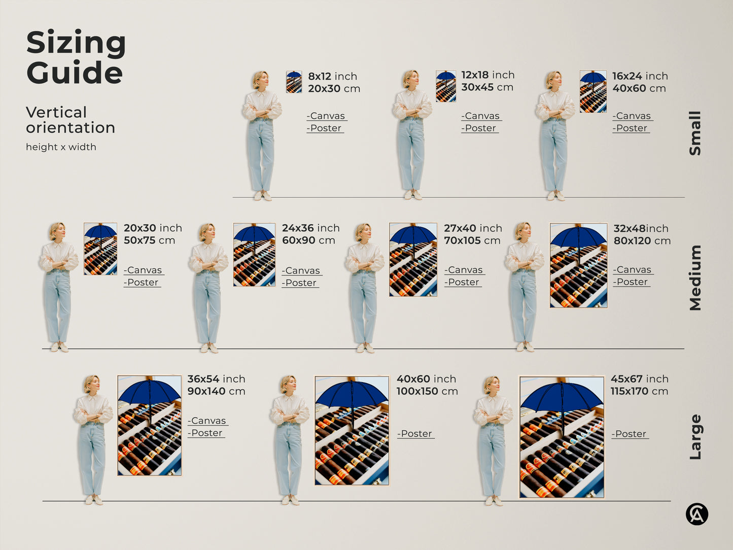 Sizing guide for the cigar box and blue umbrella pop art canvas. Available in small medium and large sizes. This contemporary tobacco artwork fits any space. Ideal for office wall art or a cigar aficionado gift. Find the perfect dimensions for your home bar or man cave.